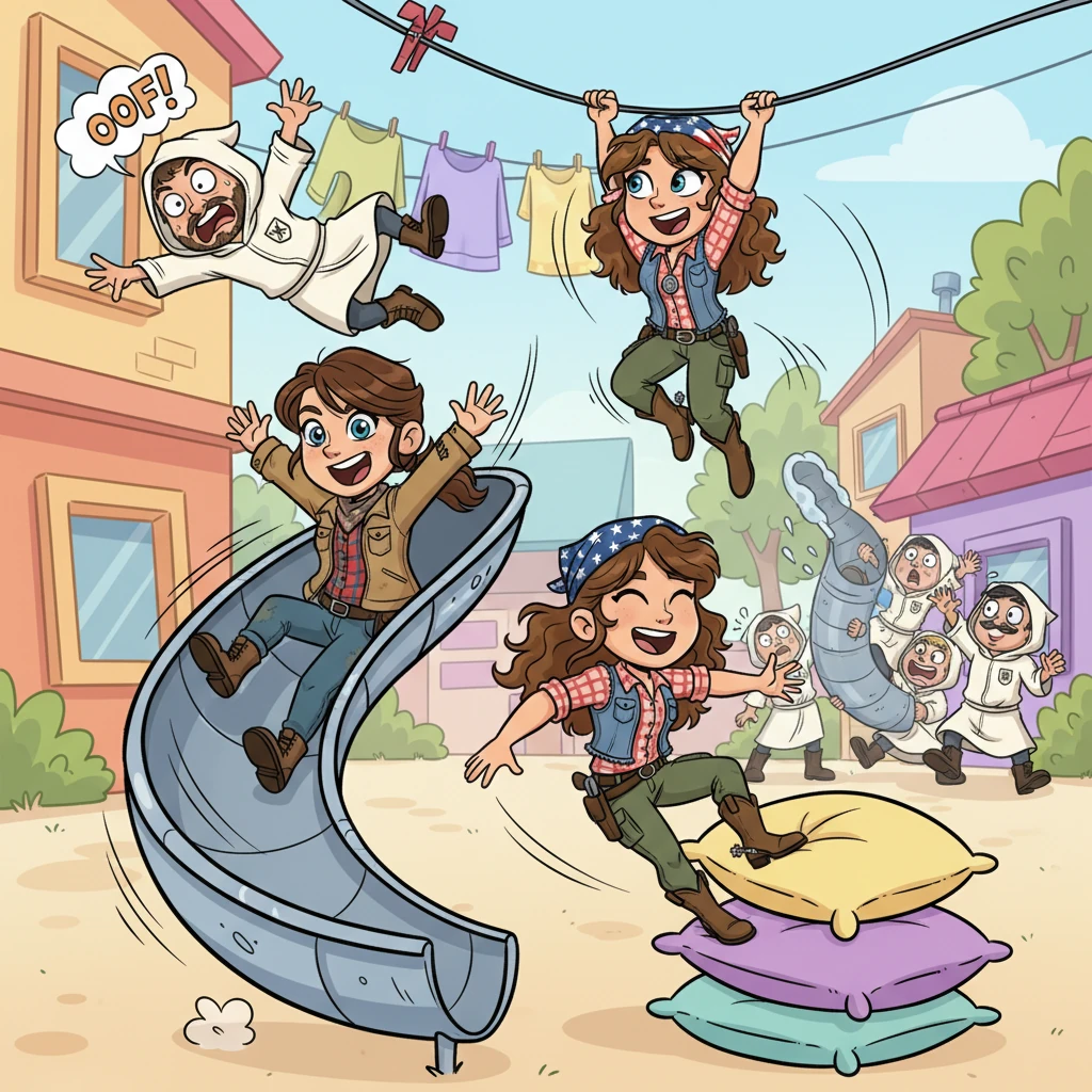 Suddenly, a clumsy cultist rounded a corner, tripping over his own feet with a loud 'OOF!' The chase was on! The women zoomed through the compound, sliding down a giant laundry chute and swinging across a clothesline like acrobats, leaving a trail of giggling cultists in their wake.