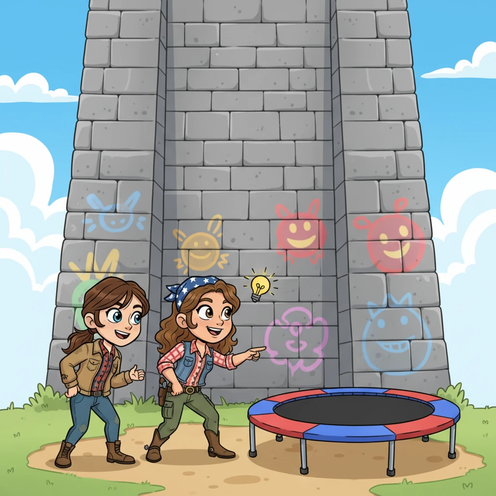 They reached the outer wall, a towering structure adorned with peculiar, non-threatening graffiti. It seemed too high to climb, but Jessica, always seeing the fun in a challenge, spotted a giant, bouncy trampoline conveniently placed nearby. Their eyes lit up with a brilliant idea.