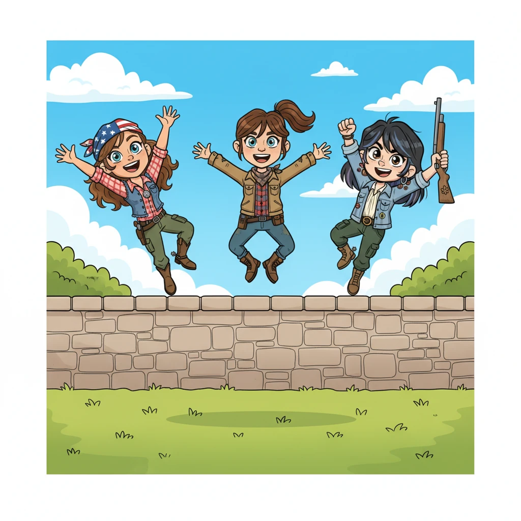 With a synchronized count of three, they leaped onto the trampoline, bouncing higher and higher with each jump, their faces filled with pure joy. With one final, magnificent bounce, they soared over the wall, landing perfectly on the soft grass outside, a triumphant cheer escaping their lips.
