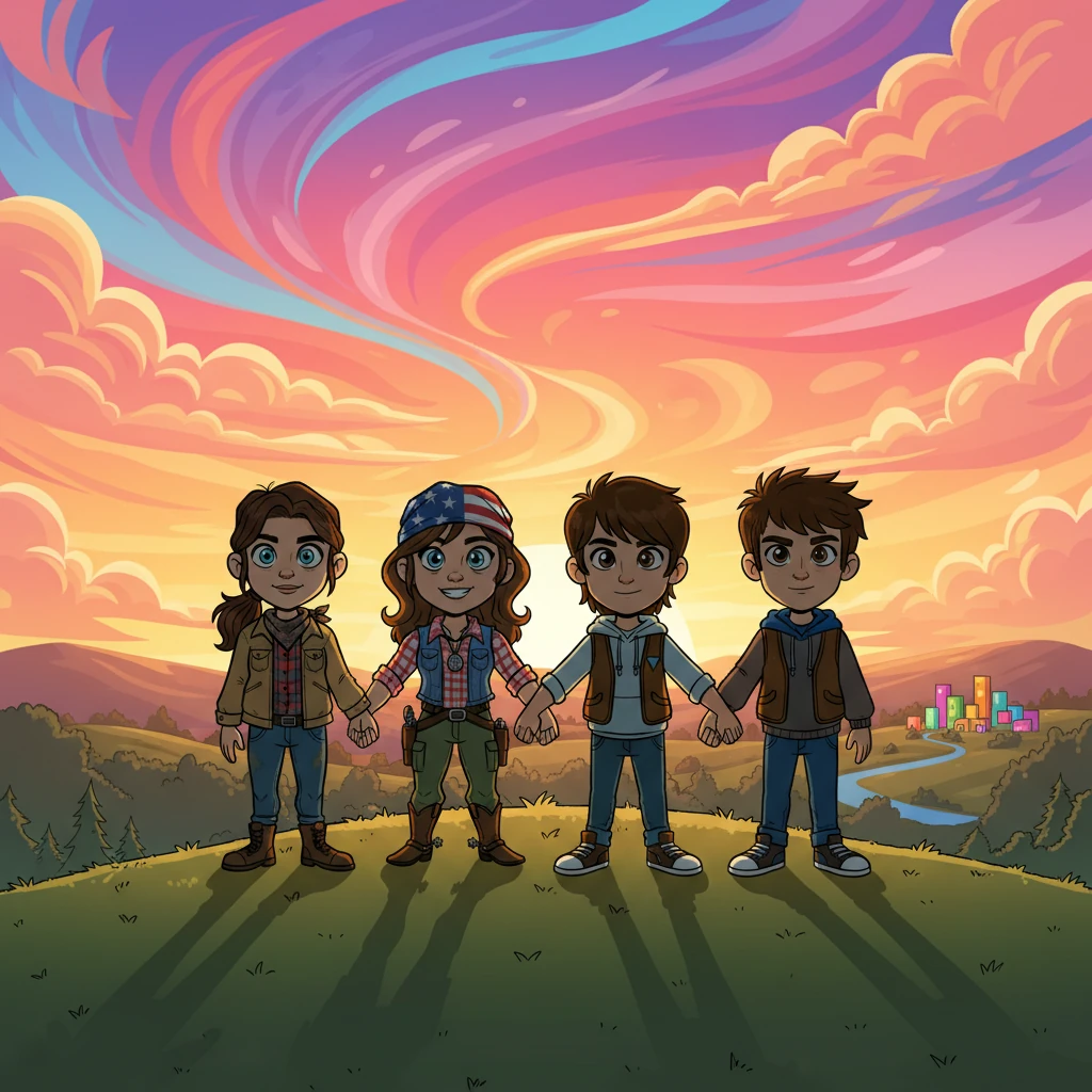Standing on a hill overlooking the now distant, brightly colored compound, the four friends linked arms, silhouetted against a glorious, candy-colored sunset. Their escape was complete, but their adventure was just beginning. With determined smiles, they knew they would always find a way to make things right, together.