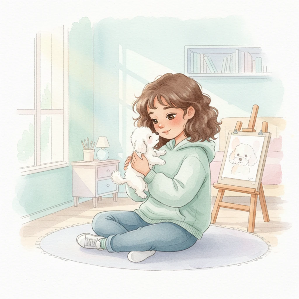 Alicia, a young girl with a heart full of love for creatures big and small, gently cradles a tiny, fluffy poodle puppy. Soft light filters through a window, illuminating the delicate pastel colors of her room, where a half-finished watercolor painting of a dog sits on an easel. The puppy, a cloud of white fur, nuzzles into her embrace, its small tail a blur of happy motion.