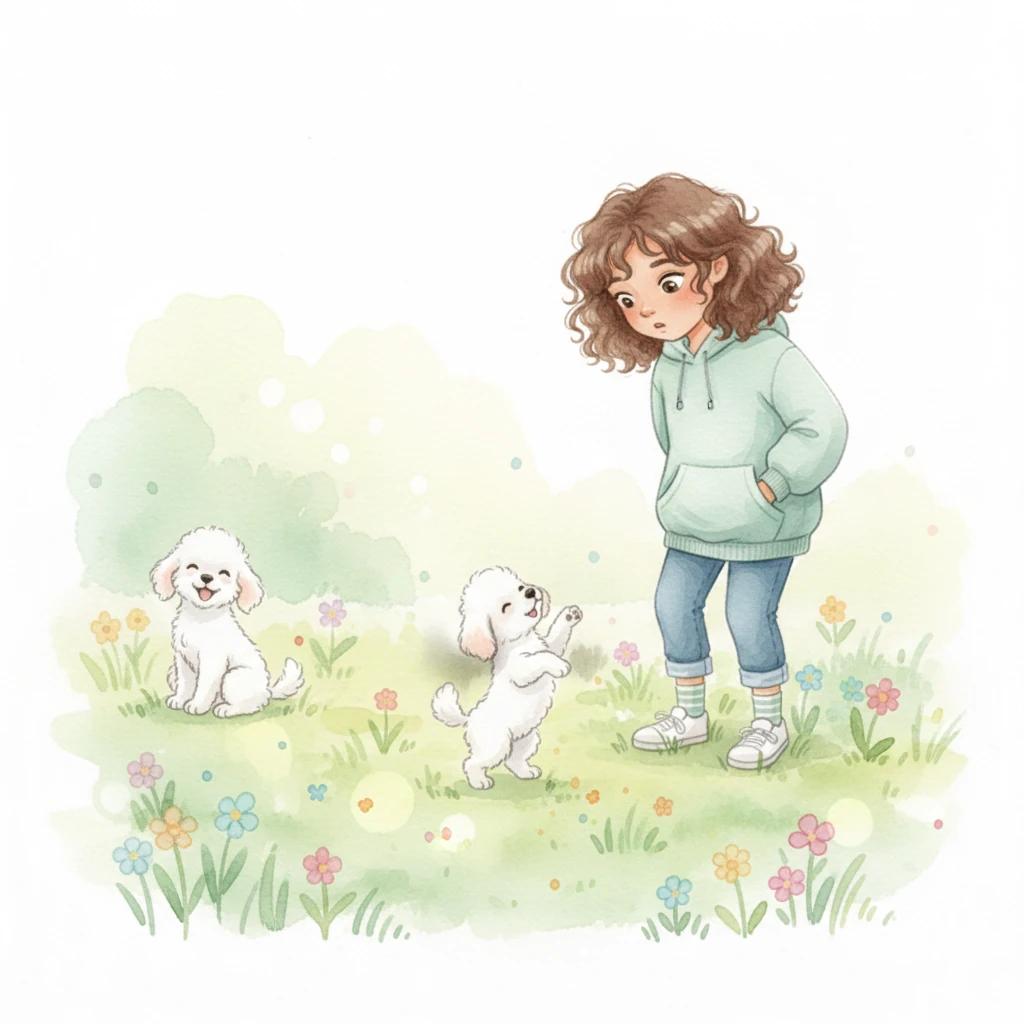 Alicia is playing in a sun-dappled meadow, the tiny poodle trotting beside her. Suddenly, the puppy stands on its hind legs, its tiny body swaying unnaturally, a low growl rumbling from its chest. Alicia looks on, a flicker of surprise in her eyes, but as she glances down again, the poodle is back on all fours, wagging its tail as if nothing happened.