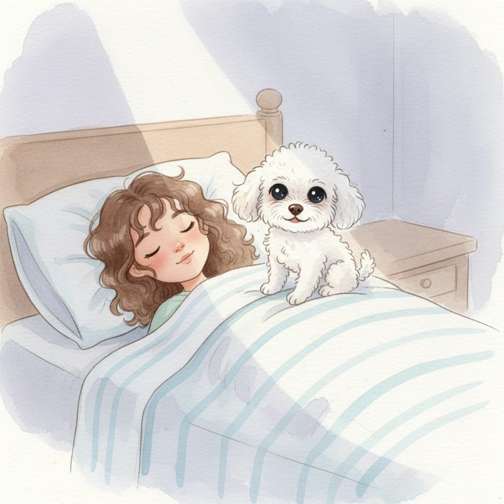 As Alicia sleeps soundly in her bed, bathed in the soft glow of a moonbeam, the little poodle sits by her pillow. Its eyes, usually a warm brown, are now pools of inky black, reflecting the faint moonlight with an unsettling glint. A peculiar, gentle smile spreads across its tiny muzzle, a secret held just for the quiet of the night.