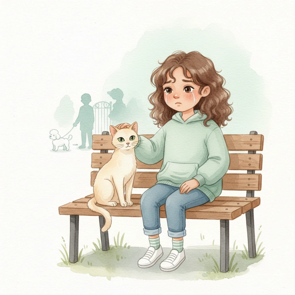 Troubled by the strange occurrences, Alicia tearfully says goodbye to the poodle as it's taken away. Soon, a new companion arrives: a sleek, elegant cat with soft, cream-colored fur and intelligent green eyes. Alicia, still a little sad, finds comfort in the cat's quiet presence, hoping for a more peaceful friendship.