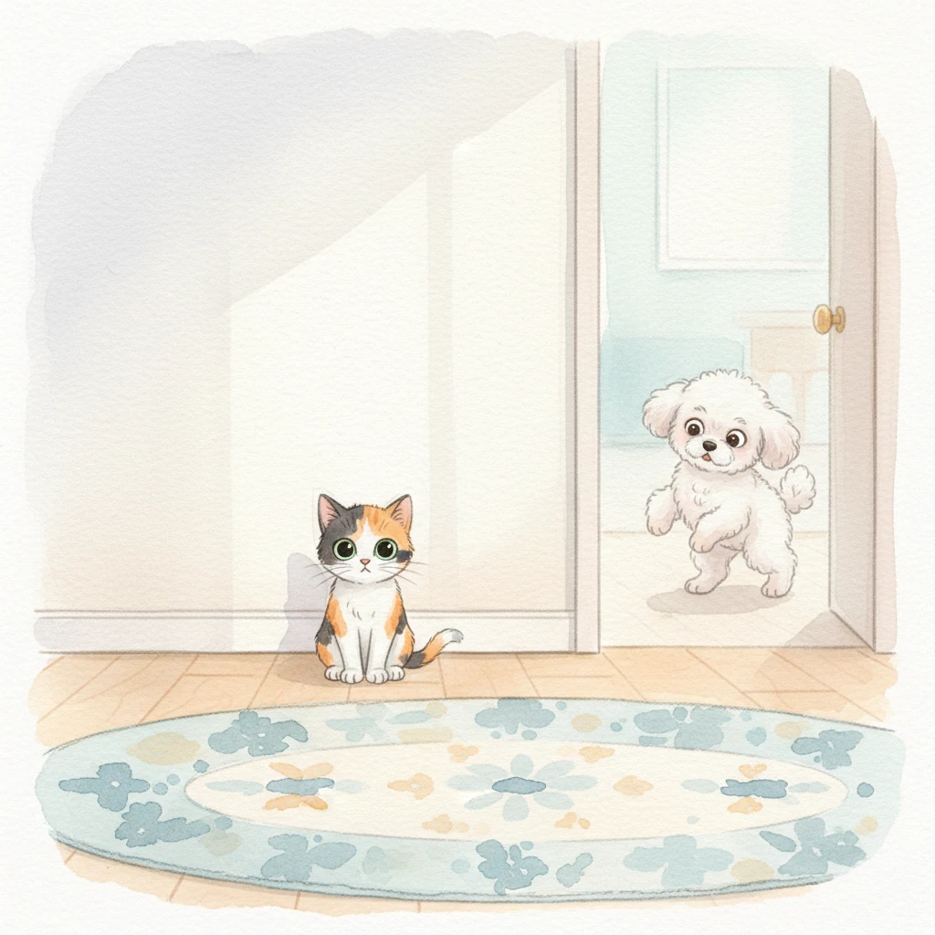 One afternoon, the new cat sits rigidly, transfixed by a plain, empty wall in Alicia's living room. Its emerald eyes are wide and unblinking, following an unseen movement, its tail twitching ever so slightly. Suddenly, a loud, jarring bang echoes through the house, and in an instant, the tiny poodle is standing in the doorway, its fur impossibly white.