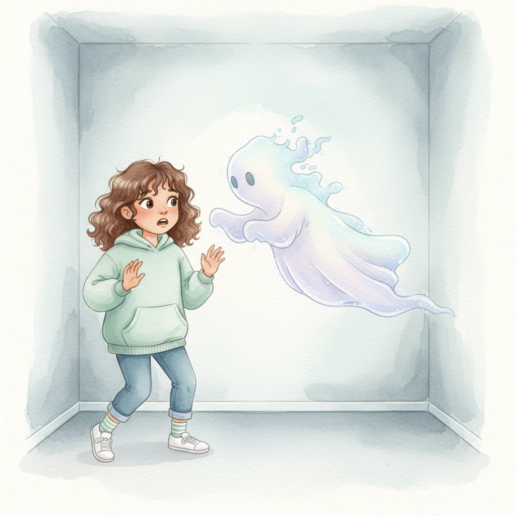 Panic rising, Alicia tries to flee, but every door and window has vanished, replaced by smooth, seamless walls. She blinks in confusion, and suddenly, a shimmering, translucent figure floats before her, its form made of swirling, ethereal mist. "Get out before it's too late!" whispers the ghost, its voice a gentle, chilling breeze.