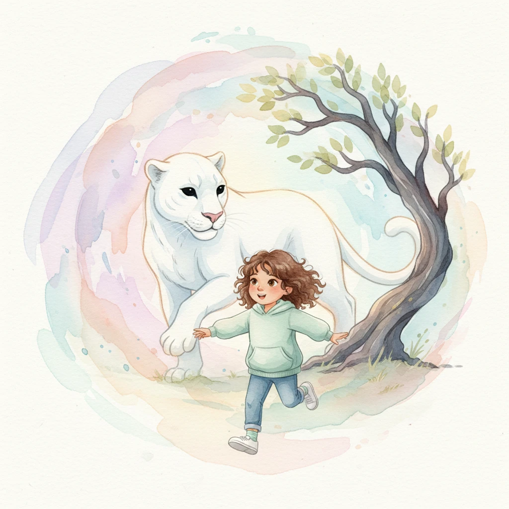 Alicia runs through a swirling, dreamlike landscape, the colors bleeding and shifting around her. From the shifting mist emerges a majestic white panther, its sleek form outlined in soft light, its eyes strikingly black and a knowing smile playing on its lips. Just as it draws near, an ancient, gnarled tree erupts from the ground, its branches reaching like welcoming arms.