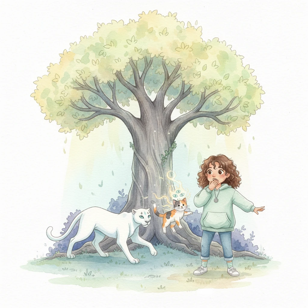 The magical tree stands tall, its glowing leaves casting soft light as the white panther gracefully retreats into the shifting shadows. Alicia's cat reappears, but its form begins to ripple and change; two more eyes open on its forehead, and its delicate ears slowly vanish into its head. Overwhelmed by the strangeness, Alicia decides she must leave this peculiar place.