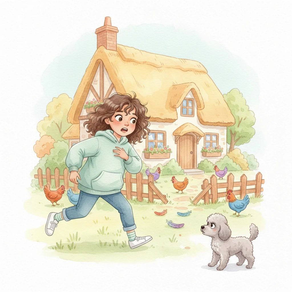 Alicia finds herself in a new home, a cozy cottage surrounded by a sun-drenched yard, where a flock of plump, colorful chickens cluck contentedly. The scene is peaceful until she discovers half her beloved chickens are gone, their feathers scattered. Then, the tiny poodle appears again, its black eyes fixed on her, and Alicia turns to run, her heart pounding.