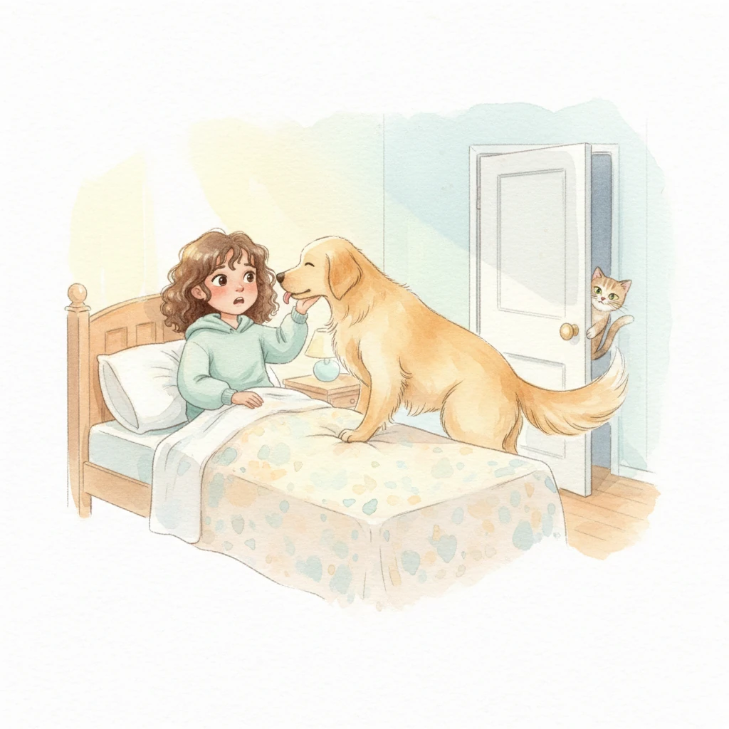 Alicia wakes with a gasp, her bedroom bathed in the familiar morning light, the strange dream slowly fading. Her own beloved golden retriever, a gentle giant, nudges her hand and licks her face, its tail thumping softly. Across the room, her real tabby cat peeks through the half-open door, its green eyes wide and unblinking, leaving Alicia to wonder, "Was it truly just a dream?"