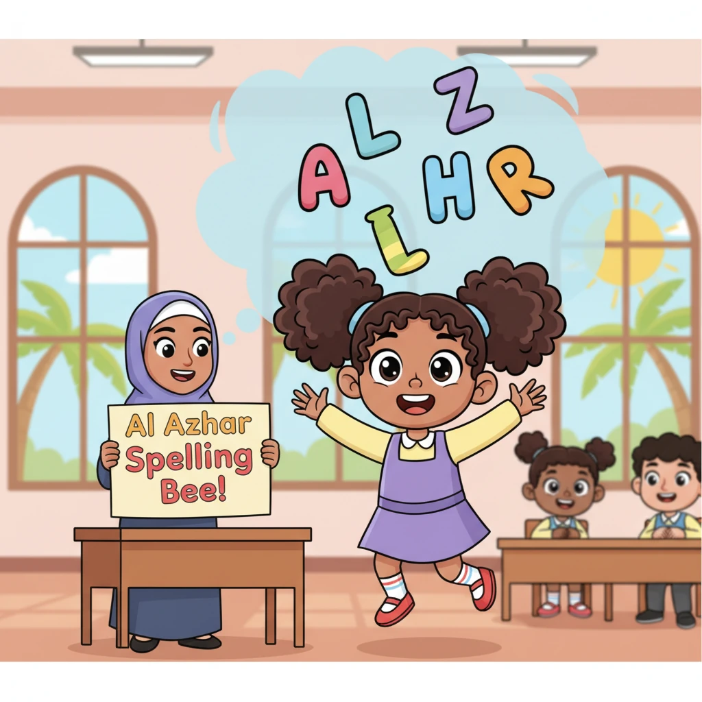 One sunny morning in Farskour, Layla bounced with excitement when her teacher announced the big Al Azhar Spelling Bee! The grand competition was happening next Tuesday, and Layla's eyes sparkled with dreams of spelling glory. She imagined giant, colorful letters dancing around her head.