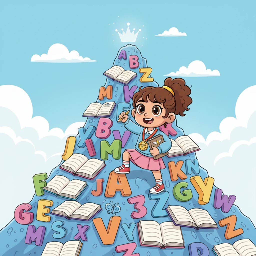 A tiny butterfly of nerves fluttered in Layla's tummy, but her heart was full of determination. She knew it would take lots of practice, but Layla loved a good challenge. Her imagination showed her a mountain of words, ready to be conquered.