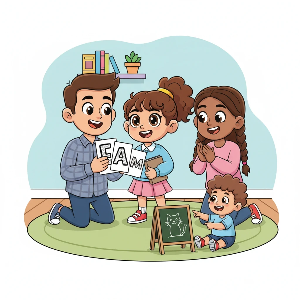 At home, Layla's family became her cheering squad. Her father held up flashcards with tricky words, while her mother clapped encouragingly. Even her little brother tried to spell 'cat,' making everyone giggle with joy.