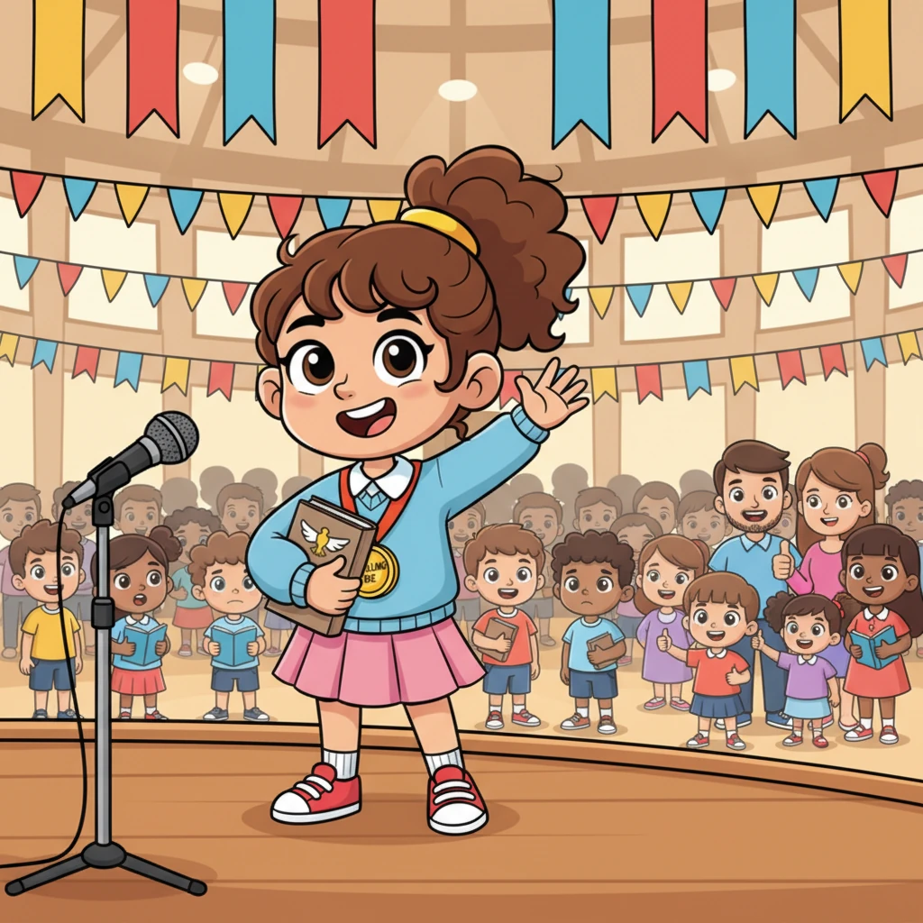 The Al Azhar hall in Farskour was buzzing with children and families, decorated with colorful banners. Layla saw many other brave spellers, all looking a little nervous but very determined. She waved to her family in the audience, who gave her a big thumbs-up.