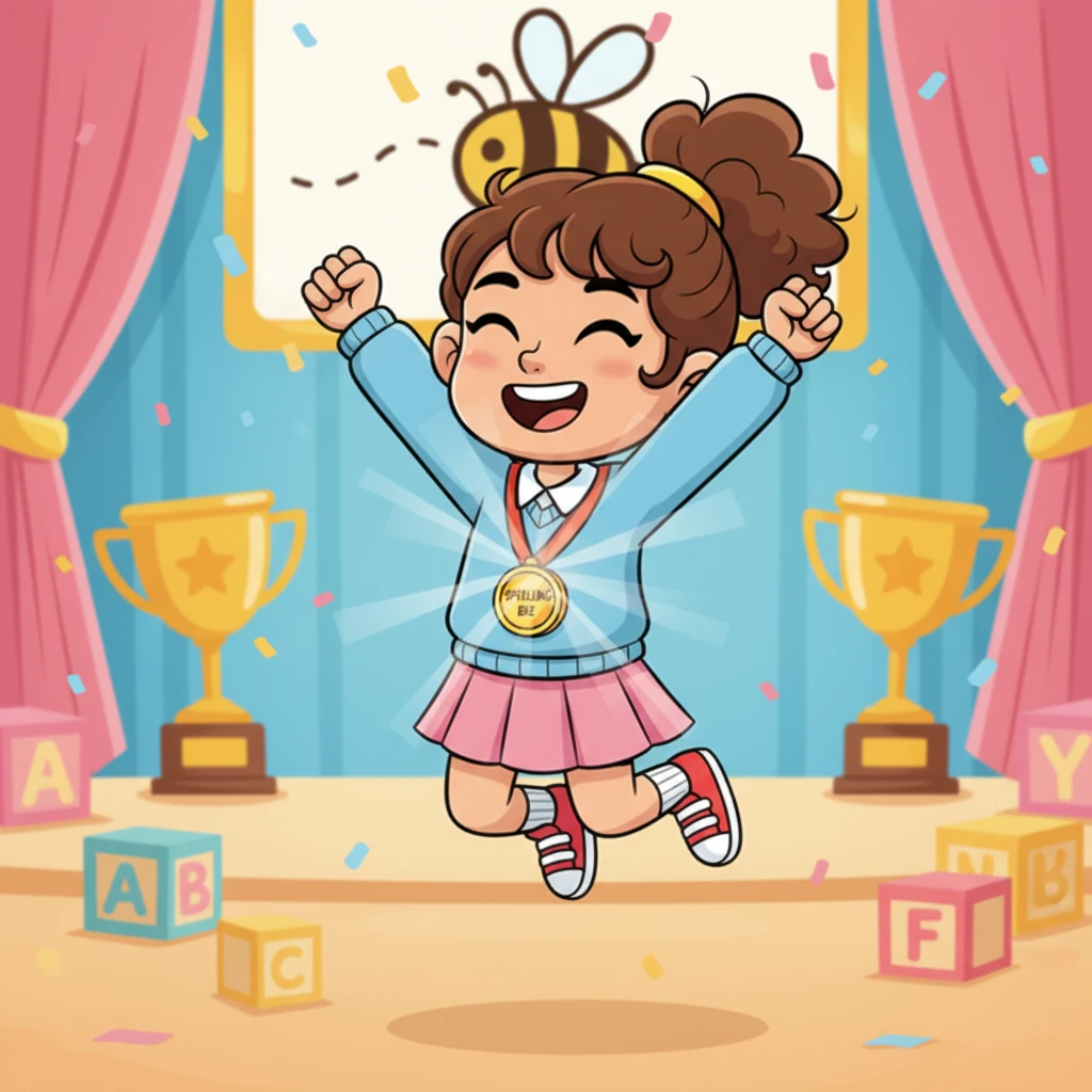With a burst of courage, Layla spelled "magnificent" correctly! She might not have won the very first prize, but she felt like a champion for trying her absolute best and spelling such a difficult word. Her heart swelled with pride.