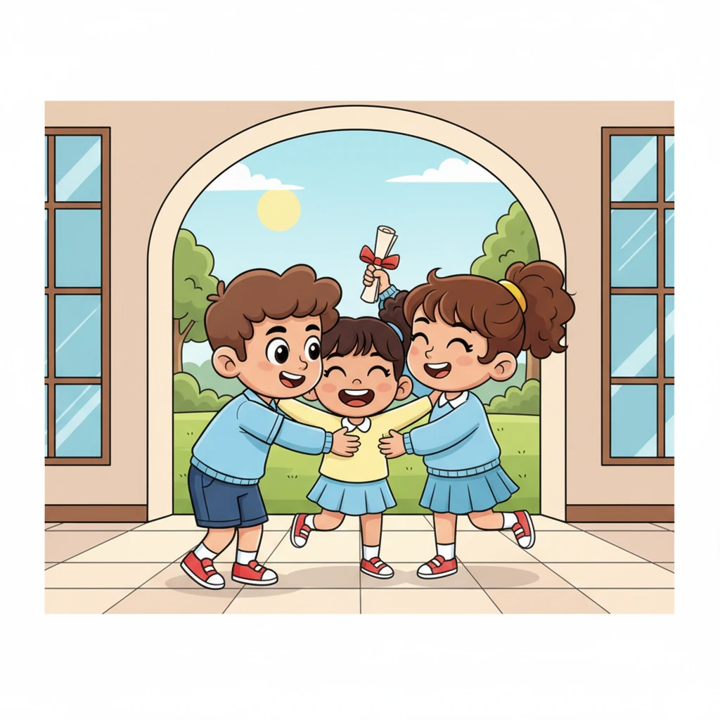 Layla skipped out of the hall, holding her participation certificate high. She learned that the greatest victory was the joy of learning and the fun of participating. Her family hugged her tightly, celebrating her wonderful spelling bee adventure.