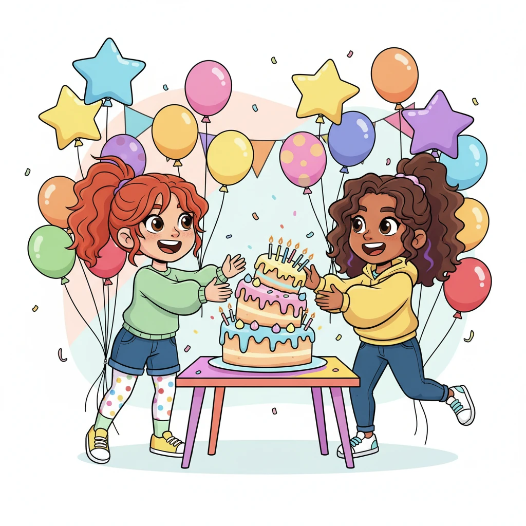 Lucy, with her pale skin and bright red hair, and Maria, with her darker skin and bouncy brown curls, were the best of friends. They shared everything, especially their very special birthday! Today, they were celebrating with a giant, wobbly cake and lots of colorful balloons, their smiles as wide as the frosting.
