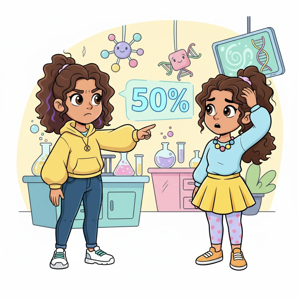 Then Lucy's eyes widened, her cheerful smile turning into a puzzled frown. “Wait a minute!” she exclaimed, pointing at a big number. “It says we only share about 50% of our DNA! How can we only be 50% the same? We’re twins!” Maria looked equally confused, scratching her head.