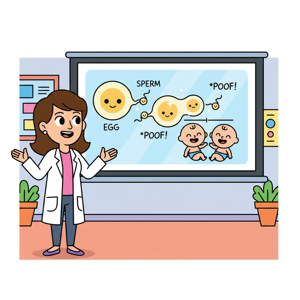 Professor Pip projected a playful animation showing how sometimes, one tiny egg meets one tiny sperm, and then, *poof*, that single fertilized egg splits into two! “These are identical twins,” she explained, “and they share almost 100% of their DNA, like two peas from the same pod!” The animation showed two identical cartoon babies giggling.