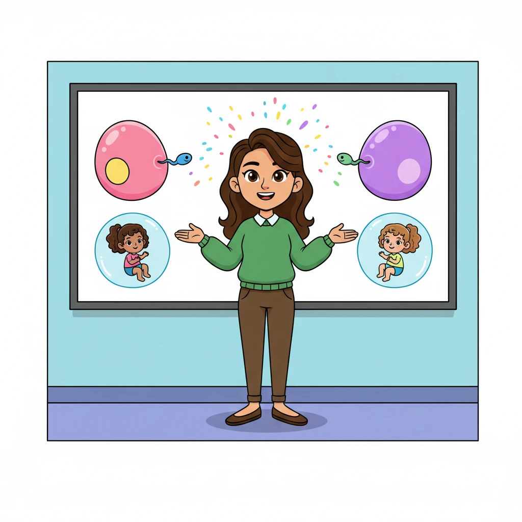 Next, Professor Pip showed another animation, this time with two separate eggs. “But sometimes,” she continued, “two different eggs meet two different sperm at the very same time!” The screen showed two distinct eggs being fertilized by two distinct sperm, forming two unique babies.