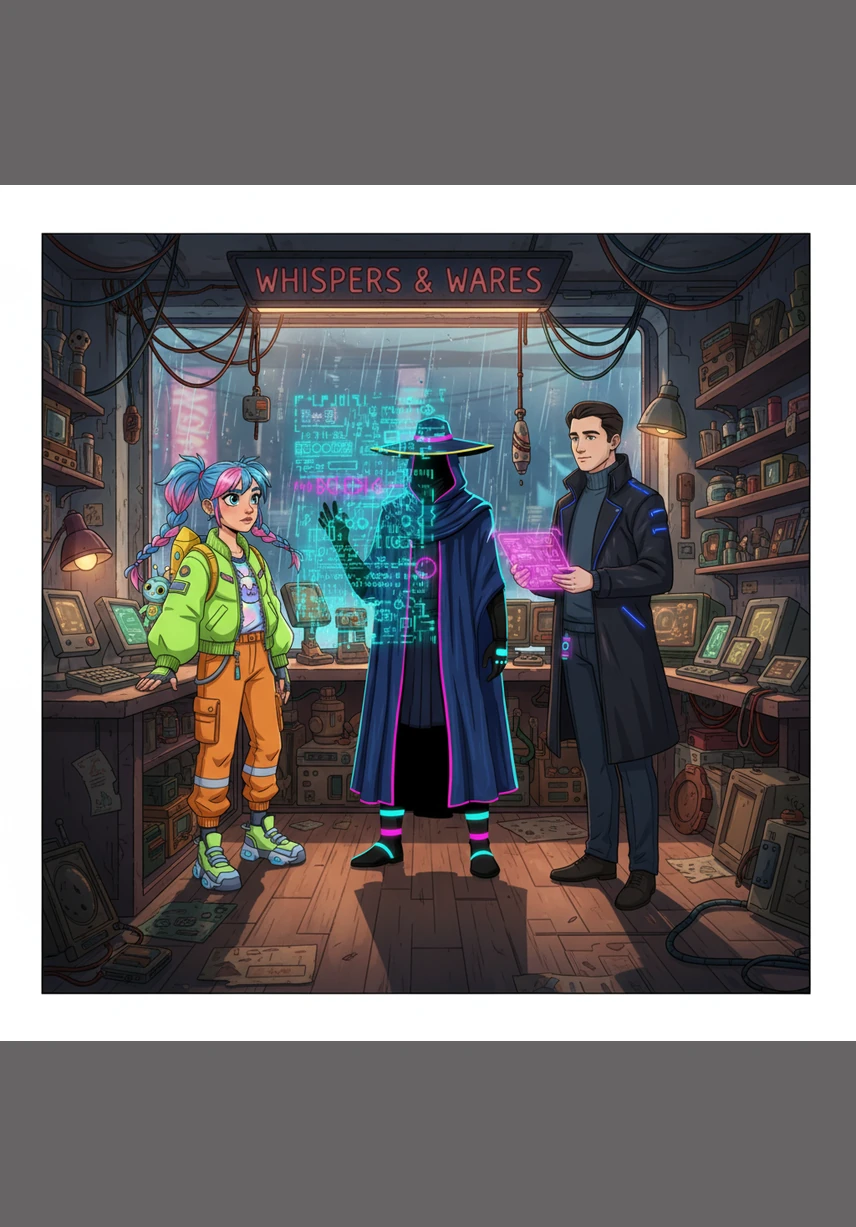 Elara stands behind the cluttered counter of Whispers & Wares, her fingers stained with ink as she traces the spine of a forgotten almanac. Outside, the relentless drizzle of Port Blossom blurs the gaslight into soft, watery halos against the shop's window.