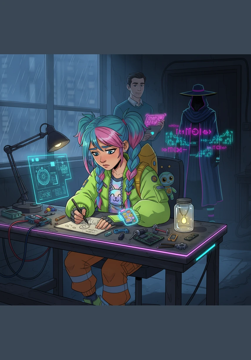 Back in the present, Elara sits at her workbench, attempting to sketch a locket designed to hold the glow of a firefly. Her charcoal strokes are hesitant and shaky, reflecting the persistent dampness and uncertainty that has settled in her spirit.