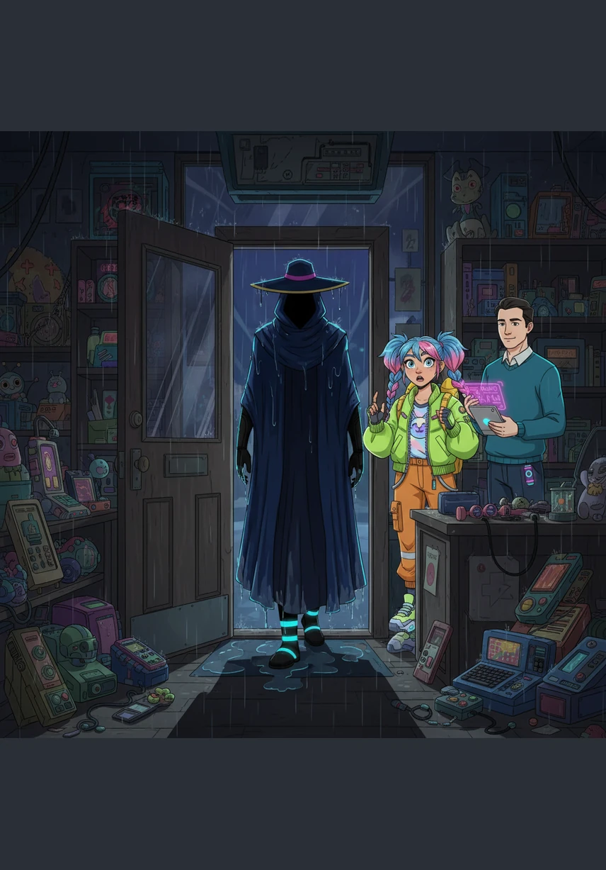 The shop door creaks open, and a tall figure in a water-logged cloak steps into the warmth, his face obscured by the deep shadow of a wide-brimmed hat. He brings with him the scent of ancient dust and a silence so heavy it seems to dampen the clinking of the shop's many trinkets.