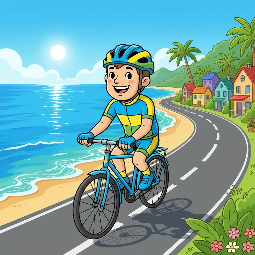 Turen starter langs kysten, med glitrende vann og små, fargerike hus. Yevhenii nyter den friske luften og lyden av bølgene. Han tråkker lett og føler seg fri.