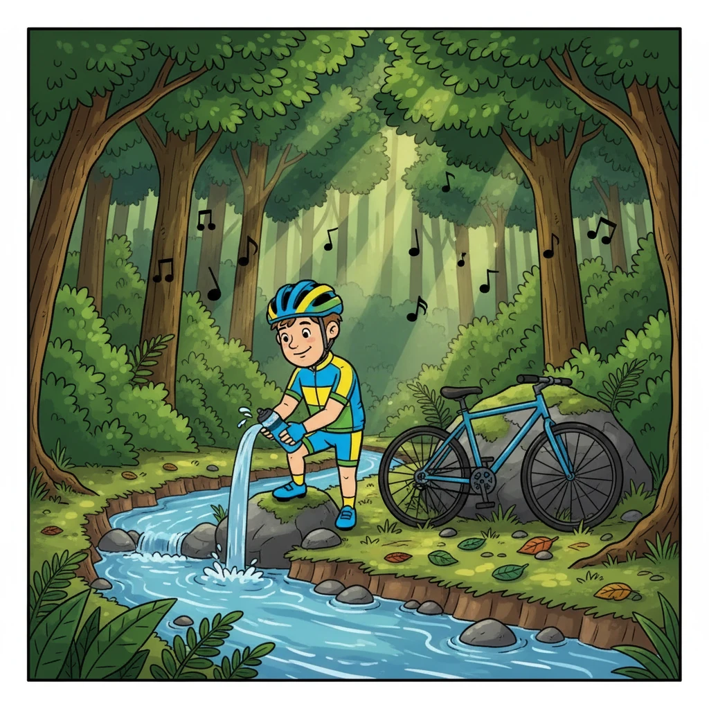 Veien går videre inn i skogen, hvor solen filtreres gjennom bladverket. Han møter en liten bekk og stopper for å fylle vannflasken. Lyden av fuglesang fyller luften.