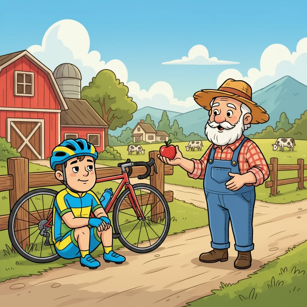 Etter mange timer på sykkelen, begynner Yevhenii å kjenne det i beina. Han stopper ved en gård for å hvile. Bonden tilbyr ham et eple og en prat.