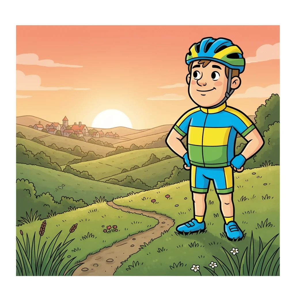 Til slutt, etter en lang dag, ser Yevhenii Andebu i det fjerne. Han er sliten, men stolt. Bygningene i Andebu er tydelige i horisonten, og han smiler.