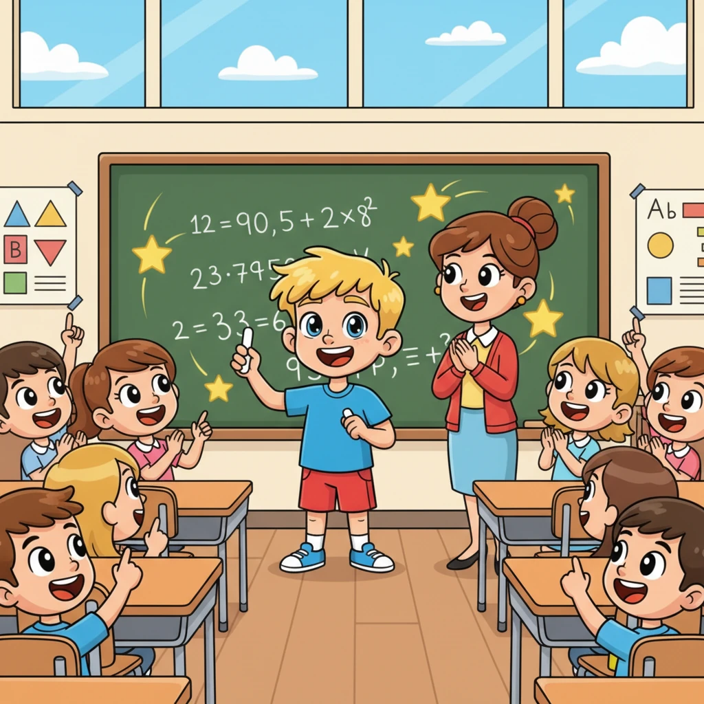 Milo, with a dazzling smile, confidently solves a complex math problem on the blackboard, surrounded by sparkling stars and an appreciative teacher. His classmates cheer, their eyes wide with admiration for their top student. He's the undisputed star of the school, excelling in every subject and sport.