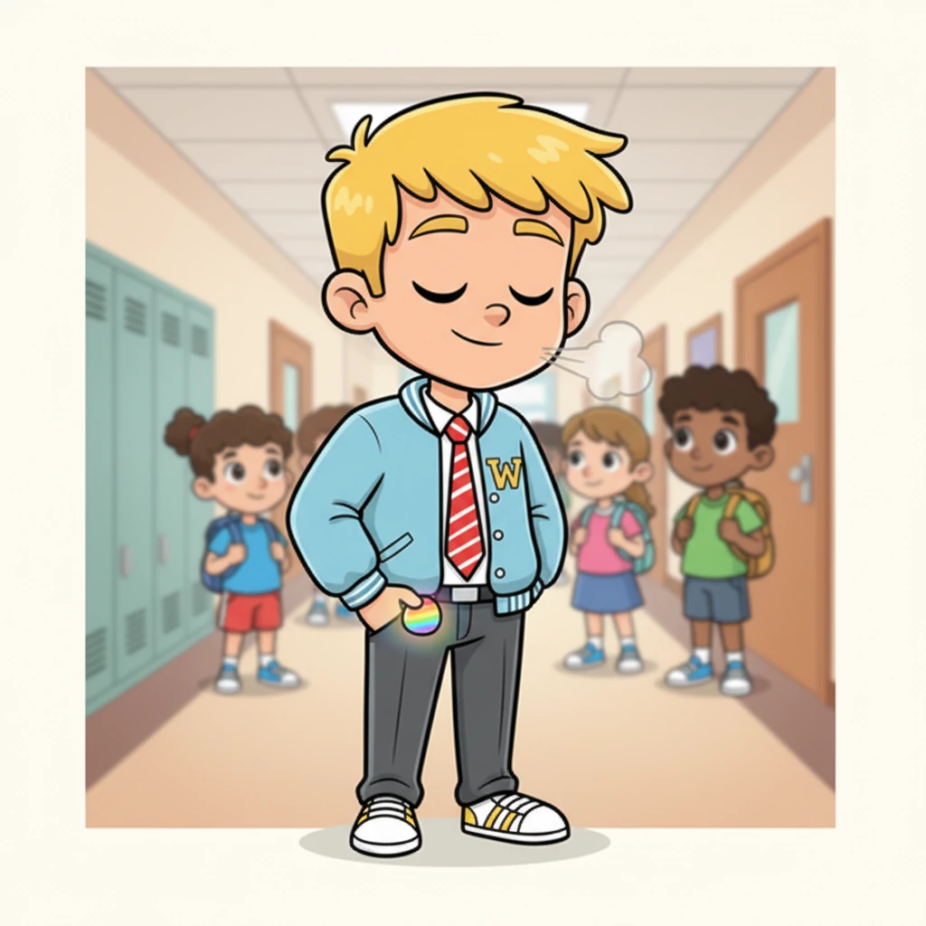 Unseen by anyone, Milo's hand subtly reaches into his pocket, his fingers gently caressing a small, smooth, rainbow-colored worry stone. He takes a deep, calming breath, finding a moment of quiet comfort amidst the bustling school day. This tiny, colorful stone is his secret lucky charm, always by his side.