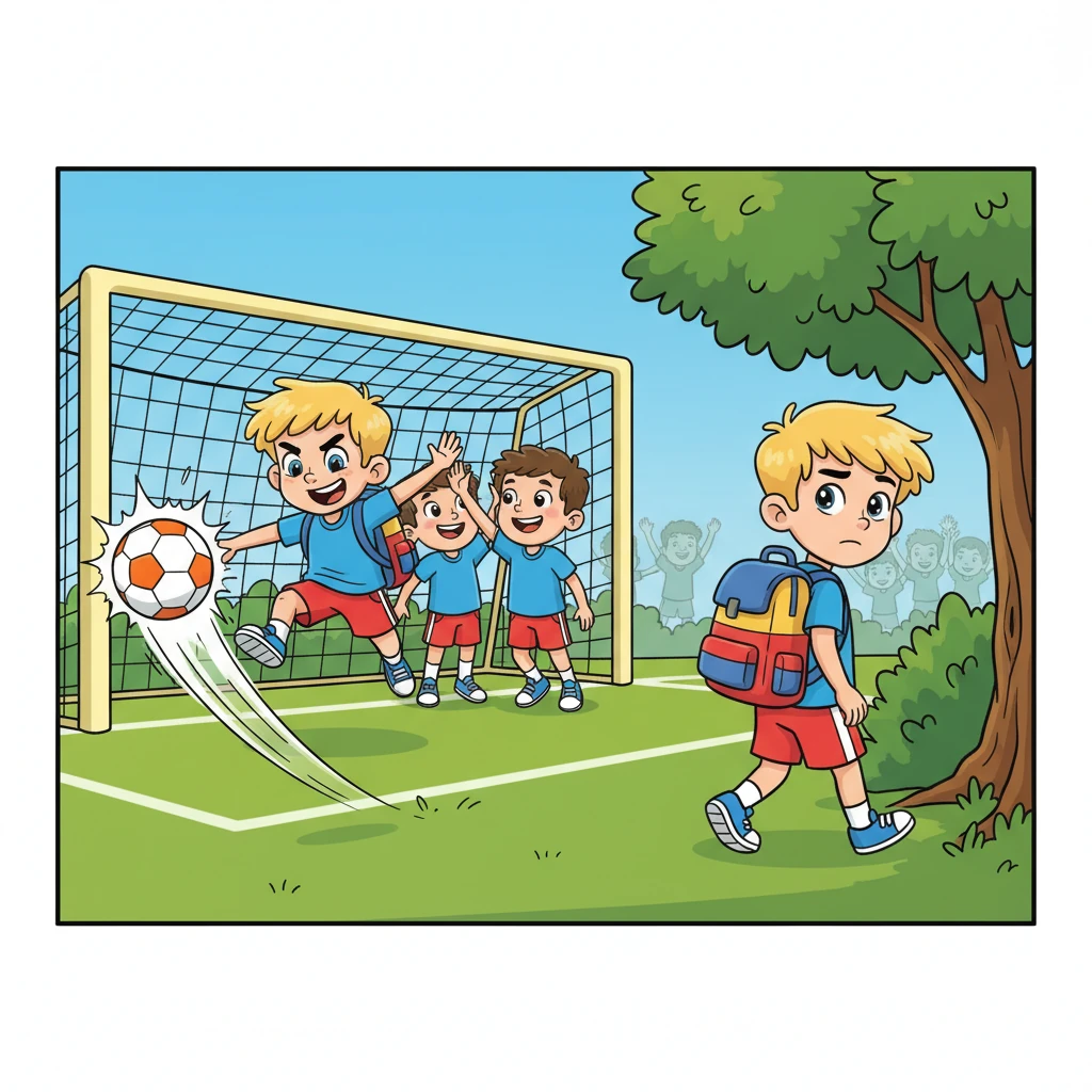 On the vibrant green sports field, Milo leaps high, scoring an incredible goal during soccer practice, sending the ball soaring into the net with a flourish. After a quick high-five with his teammates, he subtly slips away from the cheering crowd towards a secluded, leafy corner of the schoolyard. He glances around, ensuring no one is watching.