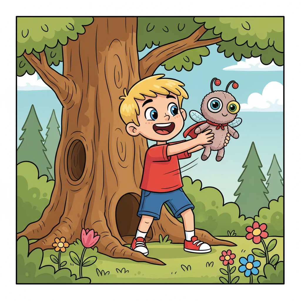 In his secret spot, nestled behind a giant, friendly oak tree, Milo carefully pulls out a well-loved, slightly fuzzy plush toy: Captain Cuddle-bug, a quirky superhero bug with mismatched eyes and a tiny cape. With a happy sigh, he begins to enact an epic adventure, making Captain Cuddle-bug fly through imaginary skies. His face is alight with pure joy and imagination.