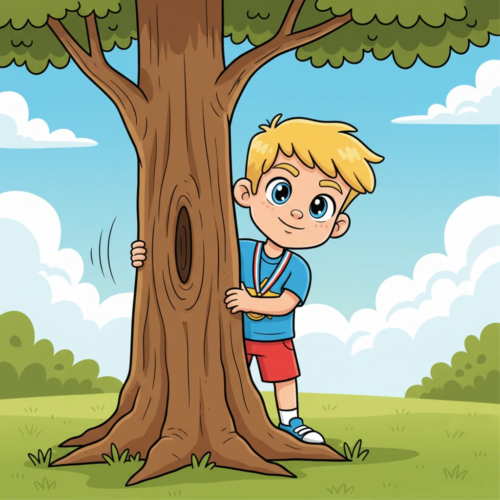 Alex, Milo's best friend, passes by the oak tree, looking for Milo to discuss their next school project. He notices a flash of bright blue and a soft murmur coming from behind the tree. Alex peeks cautiously around the trunk, his brow furrowed in playful curiosity, wondering what Milo could be up to.