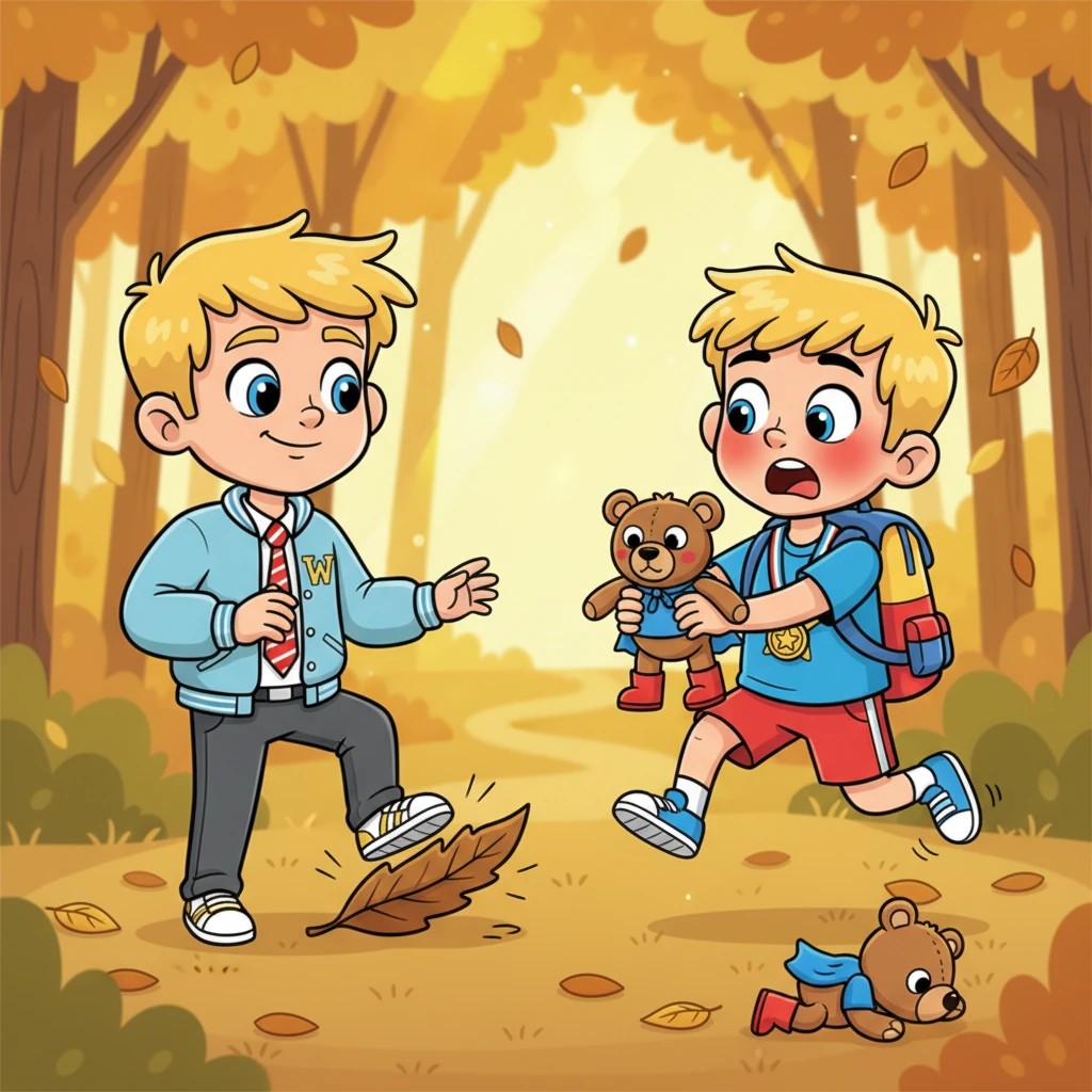 Alex accidentally steps on a crunchy leaf, making a loud "CRUNCH!" Milo jumps in surprise, dropping Captain Cuddle-bug with a soft thud. His eyes widen in panic, his cheeks turning bright red as he stares at Alex, who now stands frozen, holding the plush toy. The secret is out, and Milo feels a wave of embarrassment wash over him.