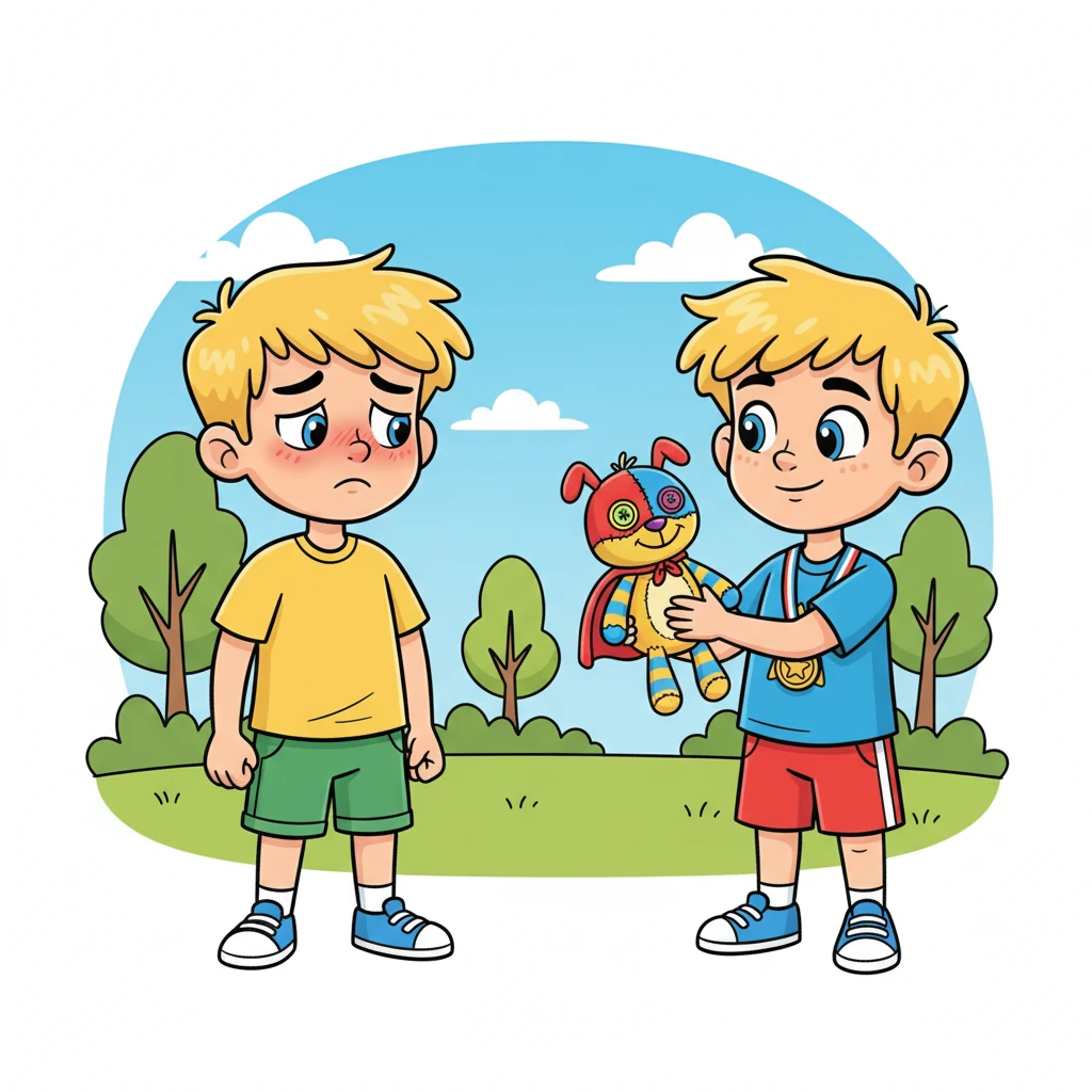 A moment of stunned silence hangs in the air, thick with unspoken questions. Milo stands rigid, his hands clenching into fists, wishing the ground would swallow him whole. Alex gently holds Captain Cuddle-bug, his expression a mix of surprise and a hint of understanding, but no judgment. The colorful toy looks up innocently from Alex's hands.