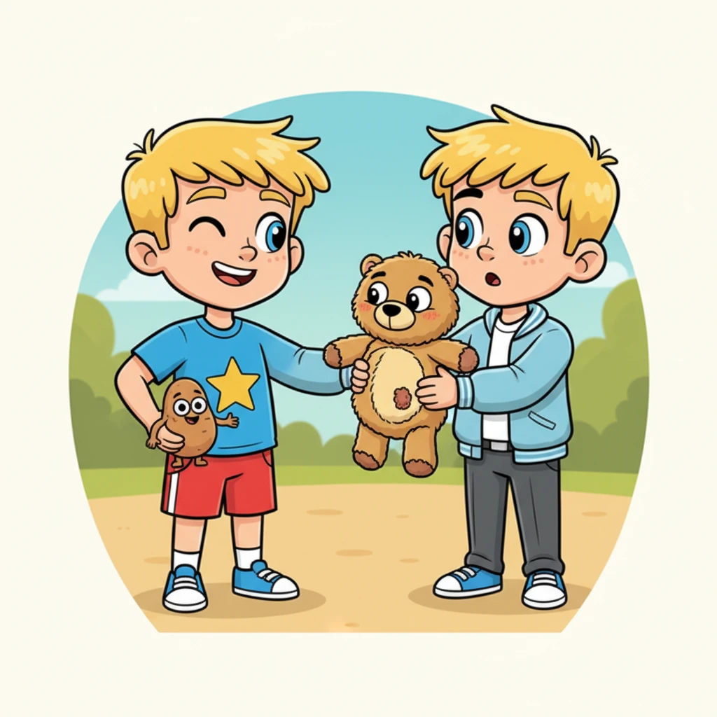 A warm smile slowly spreads across Alex's face as he reaches into his own pocket, pulling out a small, googly-eyed potato figurine named "Spud." He winks at Milo, silently acknowledging that everyone has their own special, slightly silly, comfort item. Alex then carefully hands Captain Cuddle-bug back to a bewildered Milo.