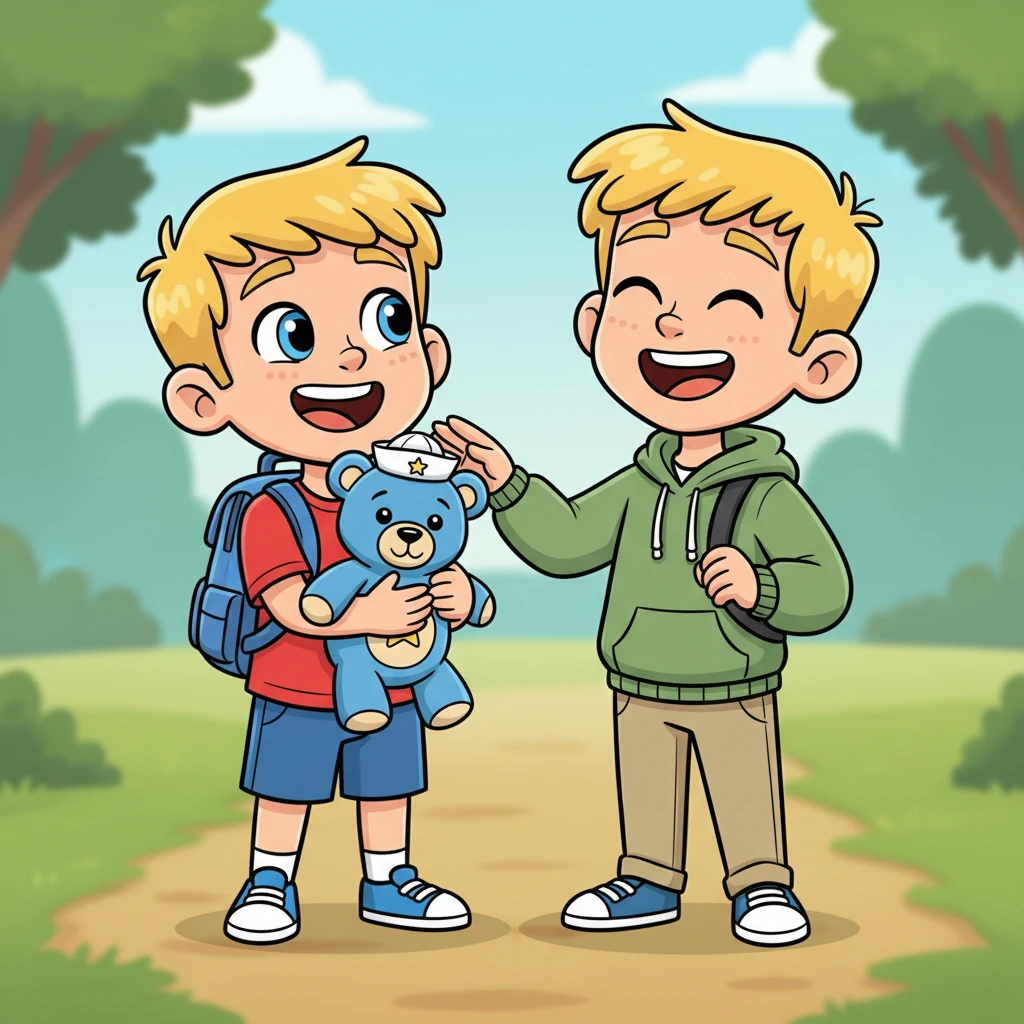 Relief washes over Milo, transforming his embarrassed frown into a wide, grateful grin. He takes Captain Cuddle-bug, a wave of warmth spreading through him as he realizes Alex understands. They both share a burst of genuine, lighthearted laughter, the tension melting away as their friendship feels even stronger. It's clear that true friends embrace each other's unique quirks.