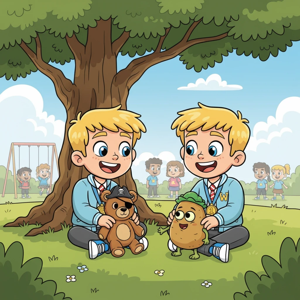 Now openly sharing their secret, Milo and Alex sit together under the oak tree, happily playing with Captain Cuddle-bug and Spud. Their laughter rings through the schoolyard, attracting a few curious glances from other kids who see them simply having fun. Their shared joy highlights that the best friendships are built on acceptance and shared, silly adventures.