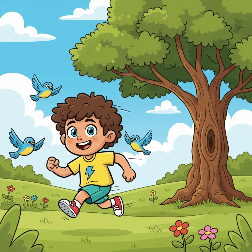 Kayson, a whirlwind of energy, races through the park with a huge grin, the wind playfully tugging at his bright red shirt. His legs are a blur of motion, carrying him towards the big oak tree where his friends are already waiting. Birds fly alongside him, matching his joyful speed.