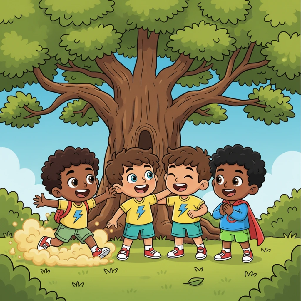 Under the sprawling branches of the ancient oak tree, Julian, Noel, and Darrin are chatting excitedly, their expressive faces animated. Kayson arrives in a puff of happy dust, his arms outstretched in greeting, as the friends burst into laughter and playful shoves.