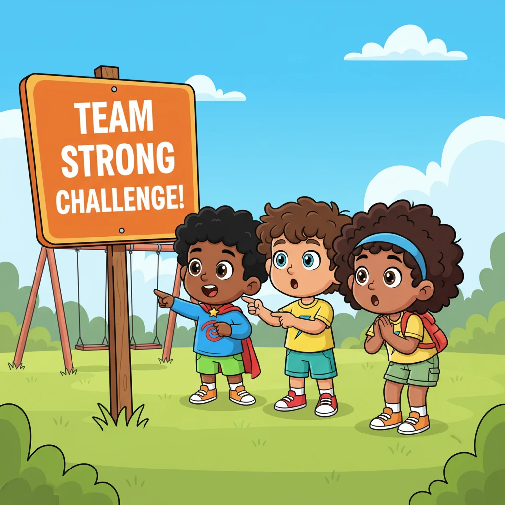 Suddenly, a vibrant orange sign, bold and eye-catching, appears near the swings, its letters proclaiming 'TEAM STRONG CHALLENGE!' The four friends gather around it, their eyes wide with surprise and curiosity, pointing at the intriguing words.