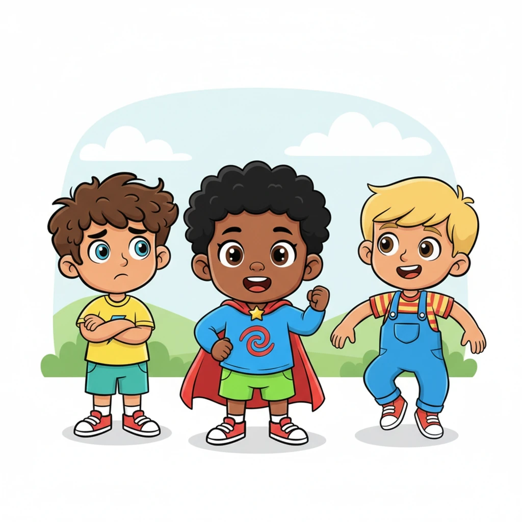 Kayson grins, a mischievous sparkle in his eye, puffing out his chest with confidence. Julian crosses his arms, a tiny worried frown on his brow, while Noel shrugs thoughtfully, already pondering the possibilities. Darrin, brimming with boundless energy, bounces on his toes, ready for anything.