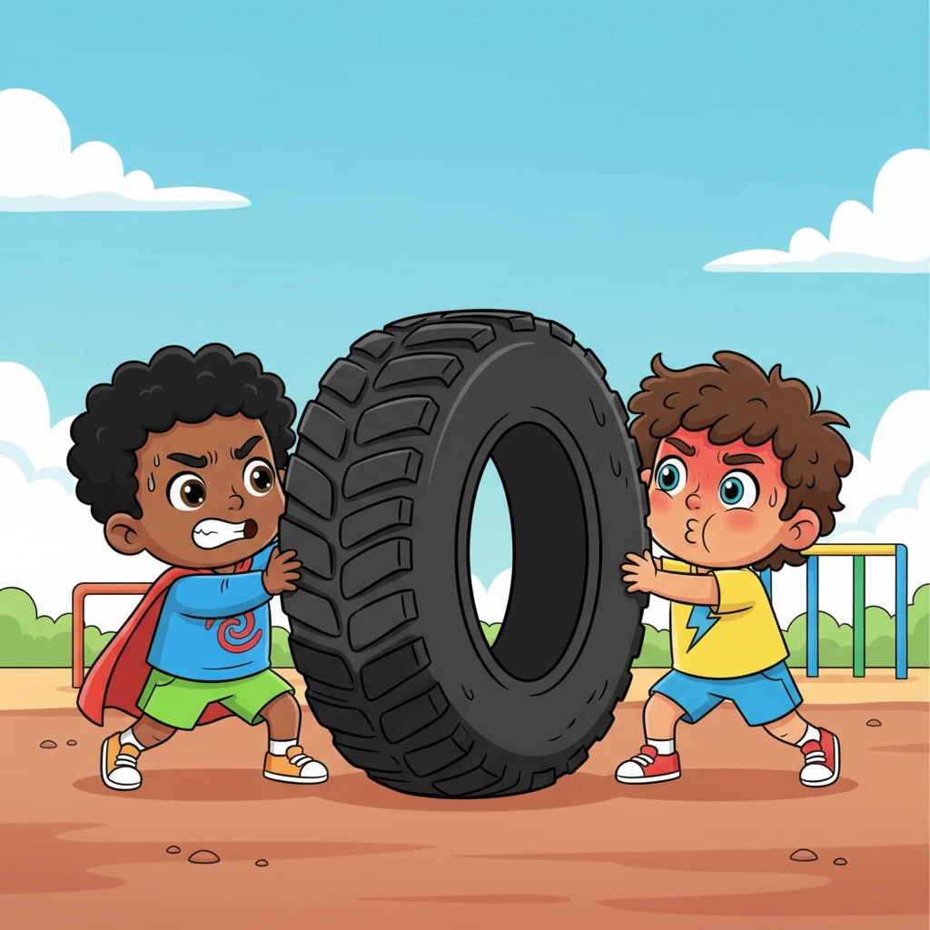 At Station One, a colossal black tire looms before them, looking impossibly heavy. Kayson strains, his small muscles bulging comically, but the tire doesn't budge. Julian tries next, pushing with all his might, his face turning red with effort, but still, nothing happens.