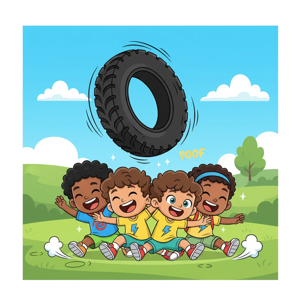 With a shared glance, the four friends crouch down together, their small hands gripping the immense tire. On Darrin's shouted count, they push in perfect unison. With a mighty 'BOOM,' the tire flips over, sending them tumbling back in a heap of joyful triumph.