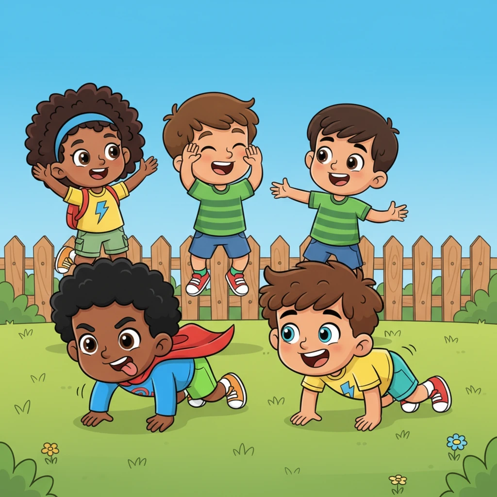 For Station Two, they transform into a comical line of bear-crawlers, wiggling towards the distant fence. Kayson's arms begin to wobble, his tongue sticking out in concentration, but Julian crawls right beside him, offering a supportive grin and a steady pace. Noel and Darrin cheer them on with rhythmic chants.