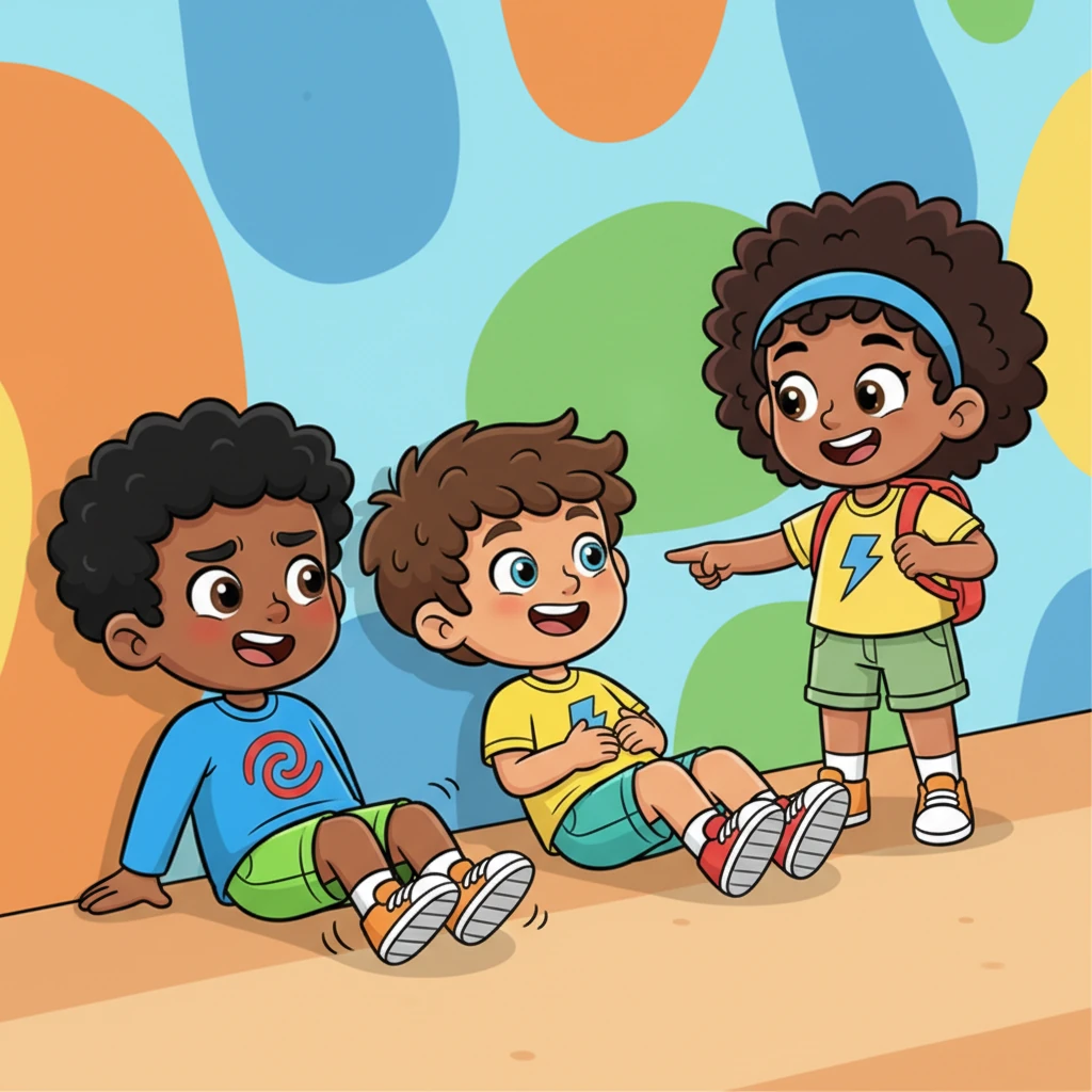At Station Three, the friends press their backs against a brightly painted wall, their legs bent at a perfect ninety-degree angle. Their faces are a mixture of strain and amusement, with Darrin erupting into giggles as his legs turn to 'noodles.' Kayson encourages them, his own legs shaking slightly, but his gaze firm.