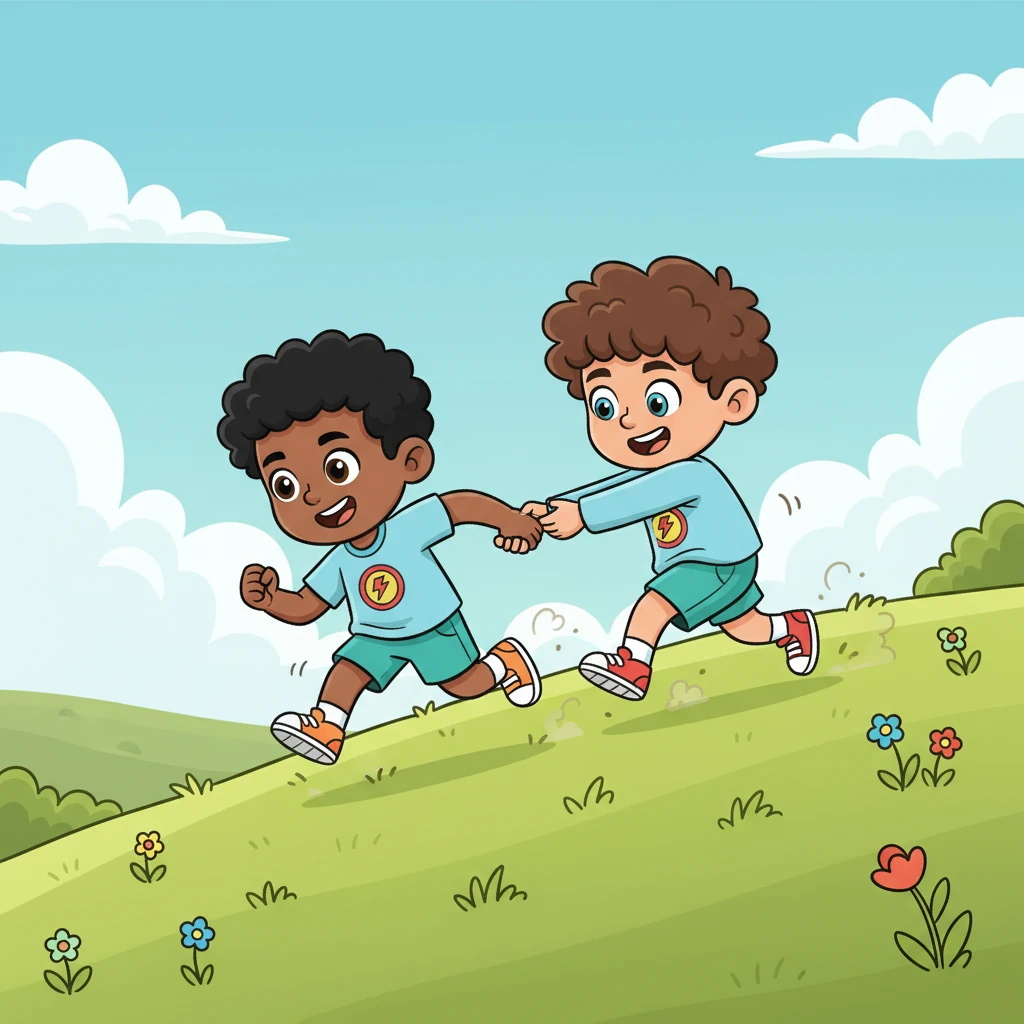The final challenge, a steep, grassy hill, rises before them. They begin by holding hands, a symbol of their unity, then break into a determined sprint, side-by-side. Julian falters, but Kayson, with a quick grab of his shirt, pulls him back into the rhythm, ensuring no one is left behind.